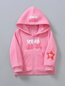 Elladie kids 女童粉色字母與星星圖案拉鍊抓絨連帽外套，休閒運動長袖口袋衛衣，適合嬰兒洗禮、7歲生日、冬季穿著 - 粉色 - 查看 1