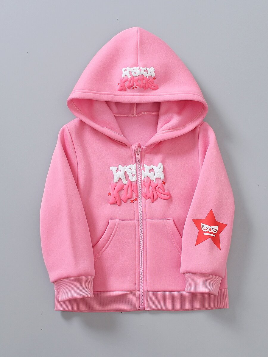Elladie kids 女童粉色字母與星星圖案拉鍊抓絨連帽外套,休閒運動長袖口袋衛衣,適合嬰兒洗禮、7歲生日、冬季穿著 - 粉色 - 查看 1