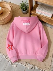 Elladie kids 女童粉色字母與星星圖案拉鍊抓絨連帽外套，休閒運動長袖口袋衛衣，適合嬰兒洗禮、7歲生日、冬季穿著 - 粉色 - 查看 2