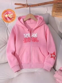 Elladie kids 女童粉色字母與星星圖案拉鍊抓絨連帽外套，休閒運動長袖口袋衛衣，適合嬰兒洗禮、7歲生日、冬季穿著 - 粉色 - 查看 4