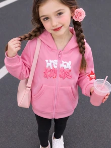 Elladie kids 女童粉色字母與星星圖案拉鍊抓絨連帽外套，休閒運動長袖口袋衛衣，適合嬰兒洗禮、7歲生日、冬季穿著 - 粉色 - 查看 3