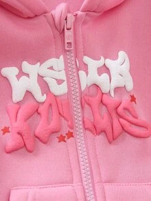 Elladie kids 女童粉色字母與星星圖案拉鍊抓絨連帽外套，休閒運動長袖口袋衛衣，適合嬰兒洗禮、7歲生日、冬季穿著 - 粉色 - 查看 5