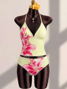 SHEIN 2pcs/Set Teen Girl Floral Print Petal Trim Elastic Quick Dry Knit Fabric Swimwear Set,Perfect For Summer,Beach,Holiday,Pool,Surfing,Vacation & Travel - Yellow - View 2