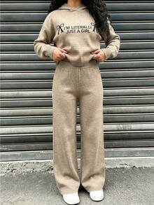 女童秋冬時尚圖案提花針織長袖套頭毛衣與長褲套裝 - 卡其色 - 查看 1