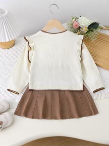 Cute Girls' Autumn & Winter Outfit Set: Ruffle Sweater With Bows + Pleated Skirt Pullover - Apricot - View 2