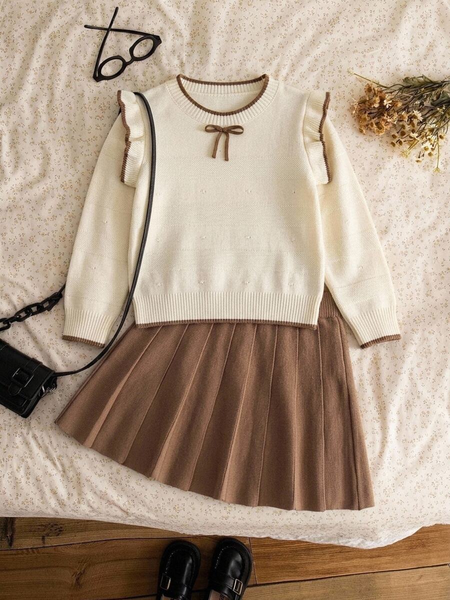 Cute Girls' Autumn & Winter Outfit Set: Ruffle Sweater With Bows + Pleated Skirt Pullover - Apricot - View 1