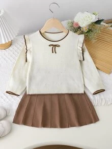 Cute Girls' Autumn & Winter Outfit Set: Ruffle Sweater With Bows + Pleated Skirt Pullover - Apricot - View 8
