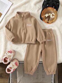 SHEIN 2pcs/Set Brown Letter Embroidery Pattern Stand Collar Fleece Lined Long Sleeve Sweatshirt Set For Baby Girls 0-3 Years, Suitable For School, Outings, Play, Shopping And More Occasions - Brown - View 5