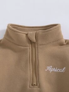 SHEIN 2pcs/Set Brown Letter Embroidery Pattern Stand Collar Fleece Lined Long Sleeve Sweatshirt Set For Baby Girls 0-3 Years, Suitable For School, Outings, Play, Shopping And More Occasions - Brown - View 7