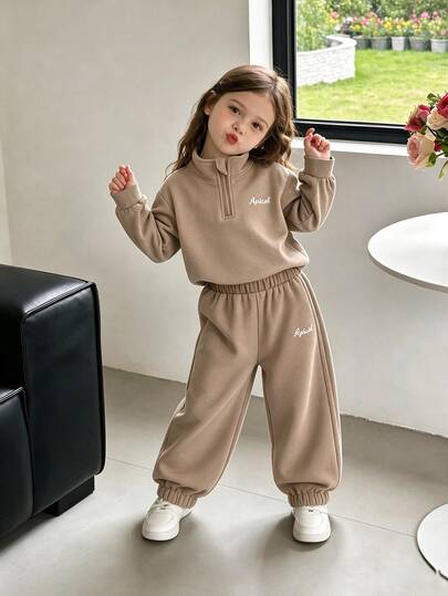 SHEIN 2pcs/Set Brown Letter Embroidery Pattern Stand Collar Fleece Lined Long Sleeve Sweatshirt Set For Baby Girls 0-3 Years, Suitable For School, Outings, Play, Shopping And More Occasions