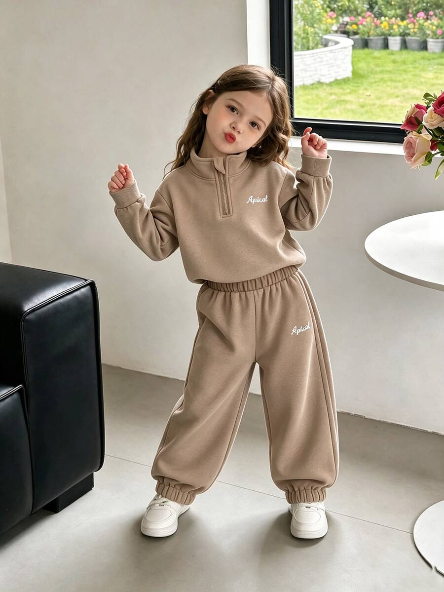 SHEIN 2pcs/Set Brown Letter Embroidery Pattern Stand Collar Fleece Lined Long Sleeve Sweatshirt Set For Baby Girls 0-3 Years, Suitable For School, Outings, Play, Shopping And More Occasions
