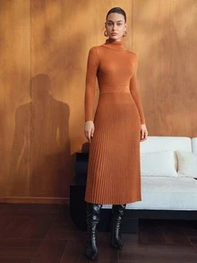 MOTF PREMIUM GAUN SWEATER RAJUT BERGARIS WARNA POLOS KERAH TINGGI UNTUK WANITA MUSIM GUGUR/DINGIN, SABUK TIDAK TERMASUK - Coklat - View 4