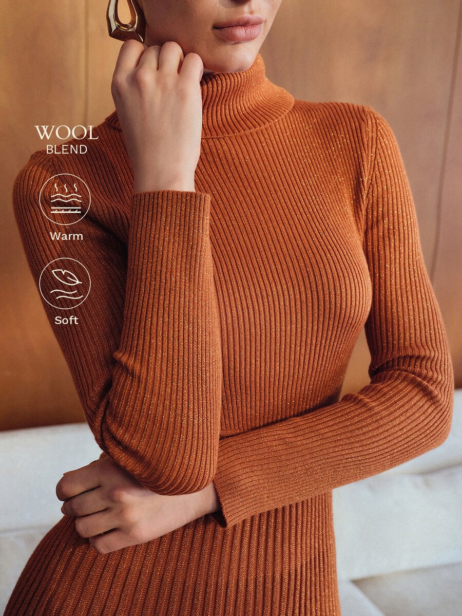 MOTF PREMIUM GAUN SWEATER RAJUT BERGARIS WARNA POLOS KERAH TINGGI UNTUK WANITA MUSIM GUGUR/DINGIN, SABUK TIDAK TERMASUK - Coklat - View 1