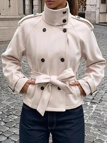 SHEIN EZwear 杏白色編織雙排扣女款夾克 - 杏色 - 查看 10