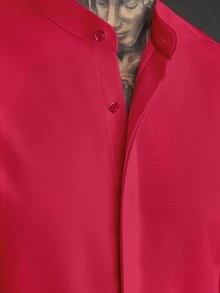 Manfinity Homme Men'S Long-Sleeve Henry Collar Shirt Designed For Formal Business Events, Wrinkle-Free Suit Shirt Suitable For Casual Workwear - Red - View 4