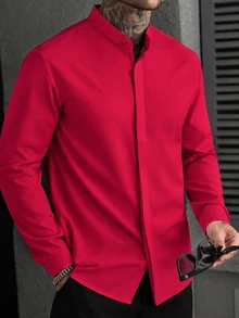 Manfinity Homme Men'S Long-Sleeve Henry Collar Shirt Designed For Formal Business Events, Wrinkle-Free Suit Shirt Suitable For Casual Workwear - Red - View 6
