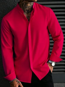Manfinity Homme Men'S Long-Sleeve Henry Collar Shirt Designed For Formal Business Events, Wrinkle-Free Suit Shirt Suitable For Casual Workwear - Red - View 3