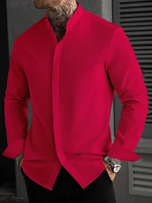 Manfinity Homme Men'S Long-Sleeve Henry Collar Shirt Designed For Formal Business Events, Wrinkle-Free Suit Shirt Suitable For Casual Workwear - Red - View 5