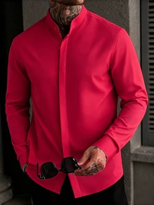 Manfinity Homme Men'S Long-Sleeve Henry Collar Shirt Designed For Formal Business Events, Wrinkle-Free Suit Shirt Suitable For Casual Workwear - Red - View 1