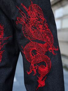 Major Grit 男士字母龍圖案刺繡寬腿寬鬆休閒牛仔褲，哥德風 - 黑色 - 查看 5