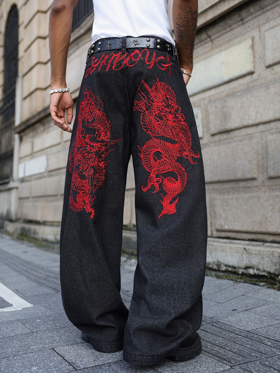 Major Grit 男士字母龍圖案刺繡寬腿寬鬆休閒牛仔褲,哥德風 - 黑色 - 查看 1