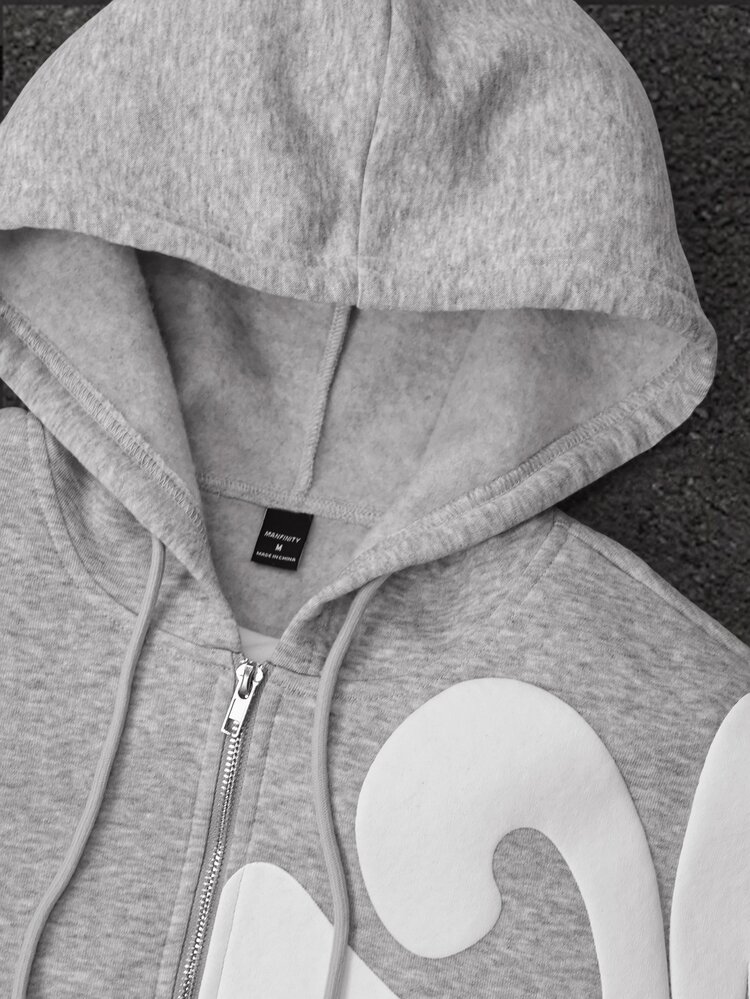 Manfinity Homme Set Hoodie Resleting dan Celana Panjang Pinggang Serut Motif Busa Ukuran Besar untuk Pria - Grey - View 6