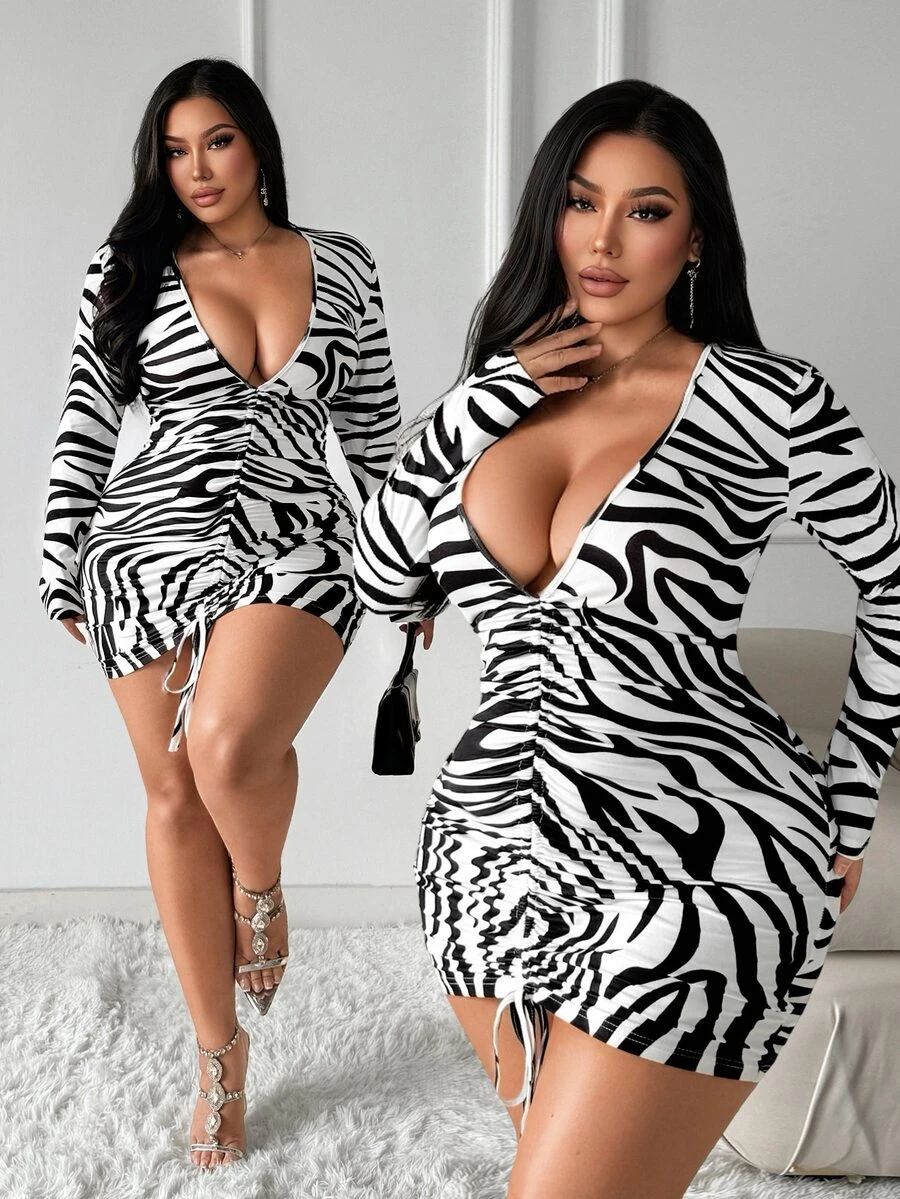 SHEIN SXY Plus Size Women's Zebra Print Casual Daily Summer Dress Fall - Black and White - View 1
