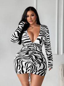 SHEIN SXY Plus Size Women's Zebra Print Casual Daily Summer Dress Fall - Black and White - View 5