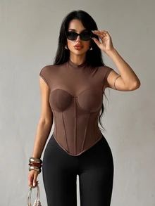 SHEIN SXY 女士棕色性感网纱罩杯透视上衣 - 棕色 - 查看 7