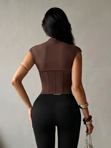 SHEIN SXY 女士棕色性感网纱罩杯透视上衣 - 棕色 - 查看 3