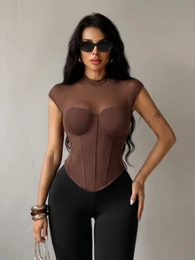 SHEIN SXY 女士棕色性感网纱罩杯透视上衣 - 棕色 - 查看 5