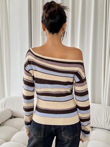 SHEIN SXY Women's Striped Asymmetric Shoulder Long Sleeve Casual Versatile Sweater - Multicolor - View 3