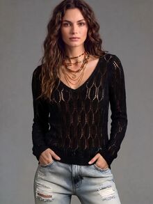 SHEIN Holidaya Intricate Pattern Knit V-Neck Hollow Out Long Sleeve Top - Black - View 7