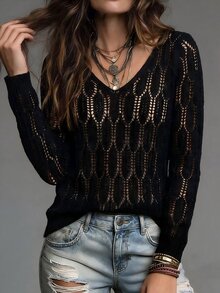 SHEIN Holidaya Intricate Pattern Knit V-Neck Hollow Out Long Sleeve Top - Black - View 5