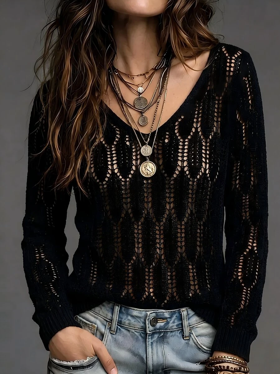 SHEIN Holidaya Intricate Pattern Knit V-Neck Hollow Out Long Sleeve Top - Black - View 1
