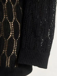 SHEIN Holidaya Intricate Pattern Knit V-Neck Hollow Out Long Sleeve Top - Black - View 4