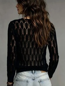 SHEIN Holidaya Intricate Pattern Knit V-Neck Hollow Out Long Sleeve Top - Black - View 2