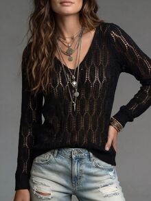 SHEIN Holidaya Intricate Pattern Knit V-Neck Hollow Out Long Sleeve Top - Black - View 3
