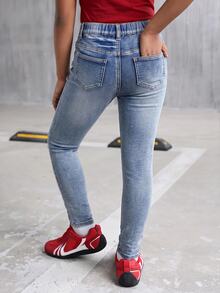 Celana Jeans Ketat Hangat dan Elastis Bahan Katun Halus Warna Biru Denim untuk Anak Perempuan Remaja, Cocok untuk Kesekolahan - Biru - View 2