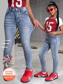 Celana Jeans Ketat Hangat dan Elastis Bahan Katun Halus Warna Biru Denim untuk Anak Perempuan Remaja, Cocok untuk Kesekolahan - Biru - View 1