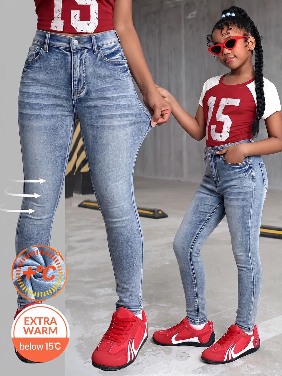 Celana Jeans Ketat Hangat dan Elastis Bahan Katun Halus Warna Biru Denim untuk Anak Perempuan Remaja, Cocok untuk Kesekolahan - Biru - View 1