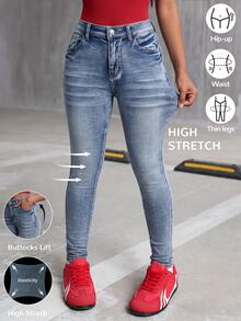 Celana Jeans Ketat Hangat dan Elastis Bahan Katun Halus Warna Biru Denim untuk Anak Perempuan Remaja, Cocok untuk Kesekolahan - Biru - View 6