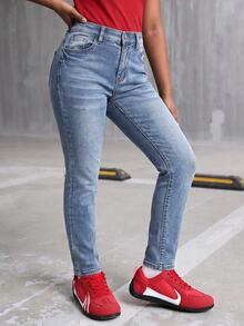 Celana Jeans Ketat Hangat dan Elastis Bahan Katun Halus Warna Biru Denim untuk Anak Perempuan Remaja, Cocok untuk Kesekolahan - Biru - View 3