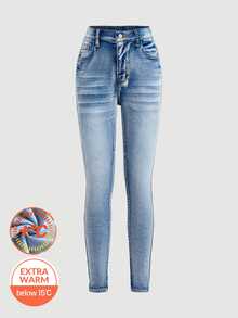 Celana Jeans Ketat Hangat dan Elastis Bahan Katun Halus Warna Biru Denim untuk Anak Perempuan Remaja, Cocok untuk Kesekolahan - Biru - View 7