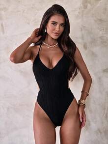 Swim SXY 女士性感纯色露背圆环交叉波浪纹理连体泳衣，适合春、夏、秋季海滩度假 - 黑色 - 查看 6