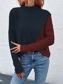 SHEIN 女款拼色立領長袖休閒寬鬆套頭毛衣 - 彩色 - 查看 4