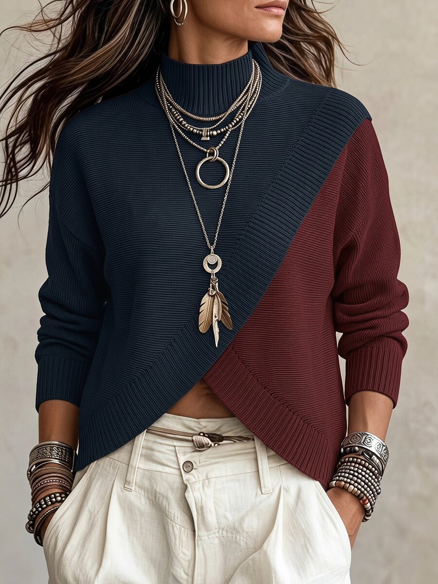 SHEIN Women's Colorblock Stand Collar Long Sleeve Casual Loose Pullover Sweater - Multicolor - View 1