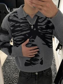 Claim Dot 男士骷髏圖案翻領長袖休閒毛衣 - 深灰色 - 查看 1