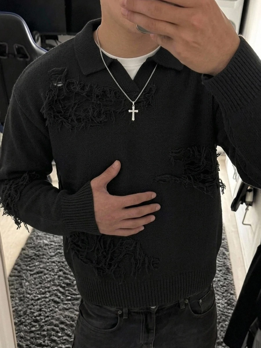 Claim Dot Men's Solid Color Casual Versatile Daily Wear Long Sleeve Sweater - Black - View 1