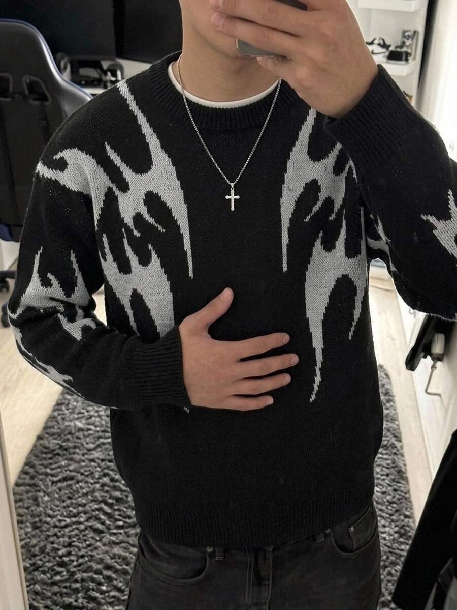Manfinity CasualKnits 男士街頭時尚提花對比色長袖毛衣 Festivall 男孩秋冬日常新款 - 黑色 - 查看 1